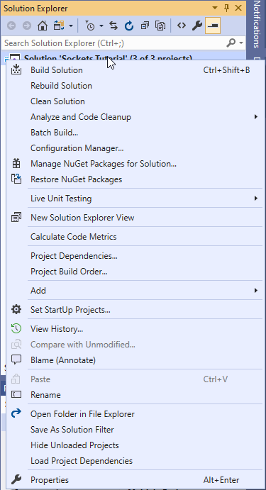 Solution context menu